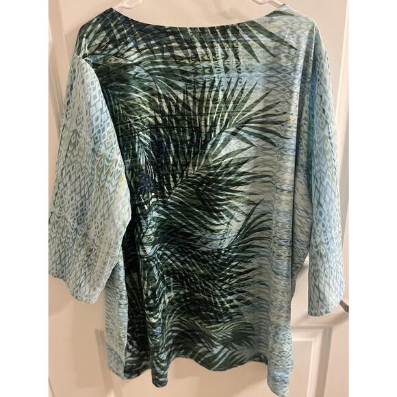 Bob Mackie Wearable Art Green/Blue Palm Leaf Print 3/4 Sleeve Tunic Top SIZE 3X - Picture 4 of 4
